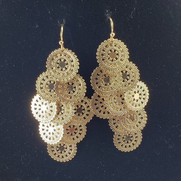 Women's Polished Gold-tone Filigree Round Disc Chandelier Drop Dangle Earrings - Picture 2 of 6